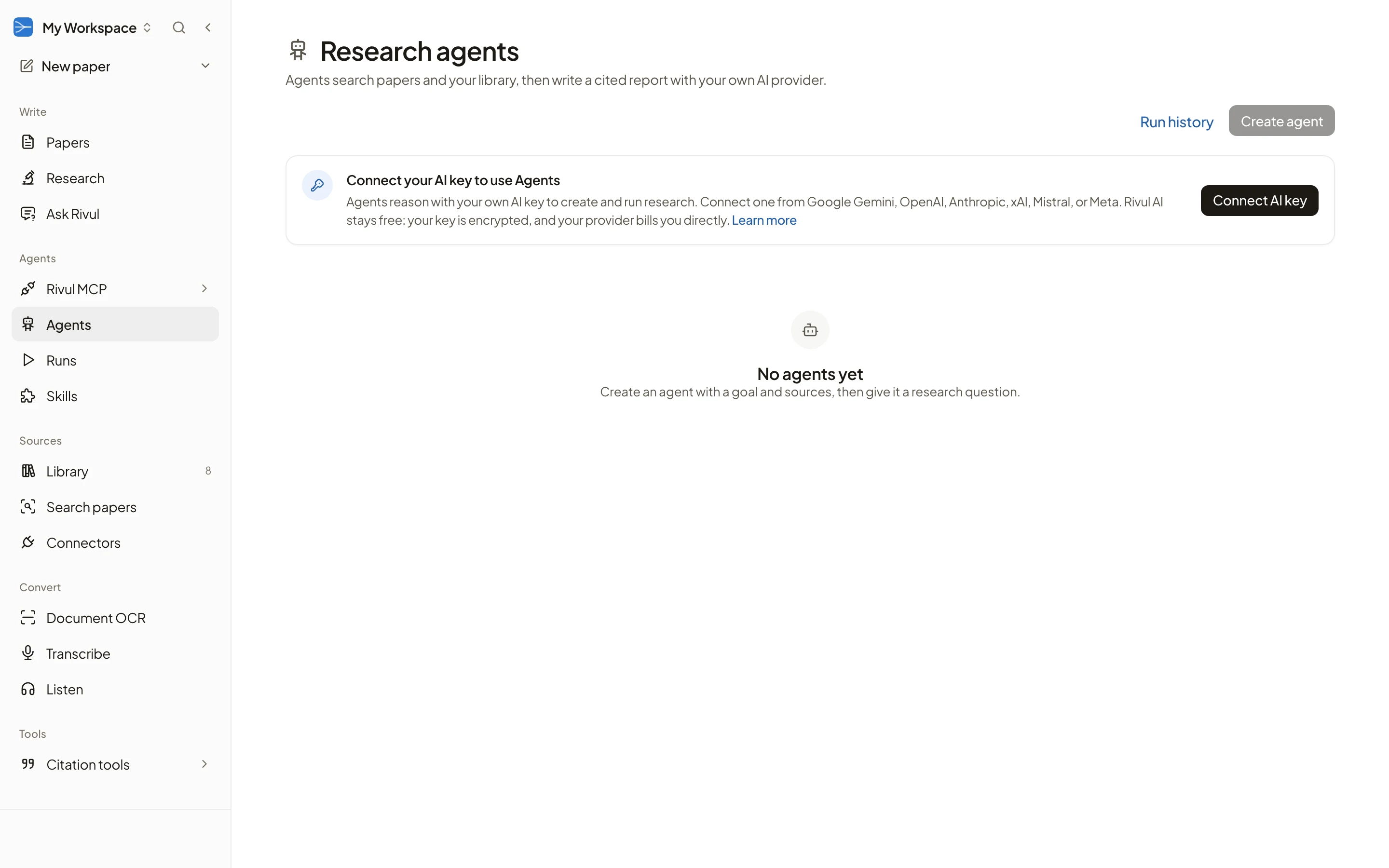 Rivul AI Research agents page for a new account, with Run history, Create agent, a prompt to connect your own AI key to use Agents, and No agents yet.