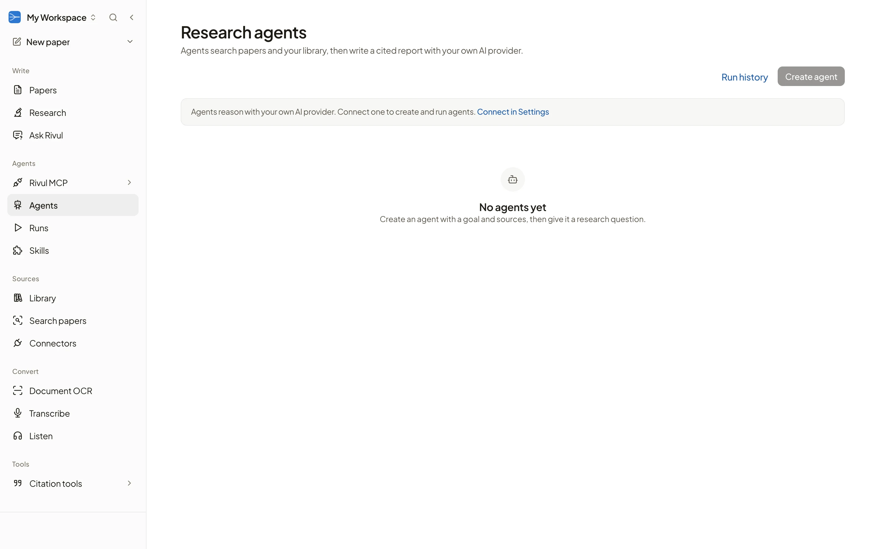 Rivul AI Research agents page for a new account, with Run history, Create agent, and a note that agents need your own AI provider connected in Settings.
