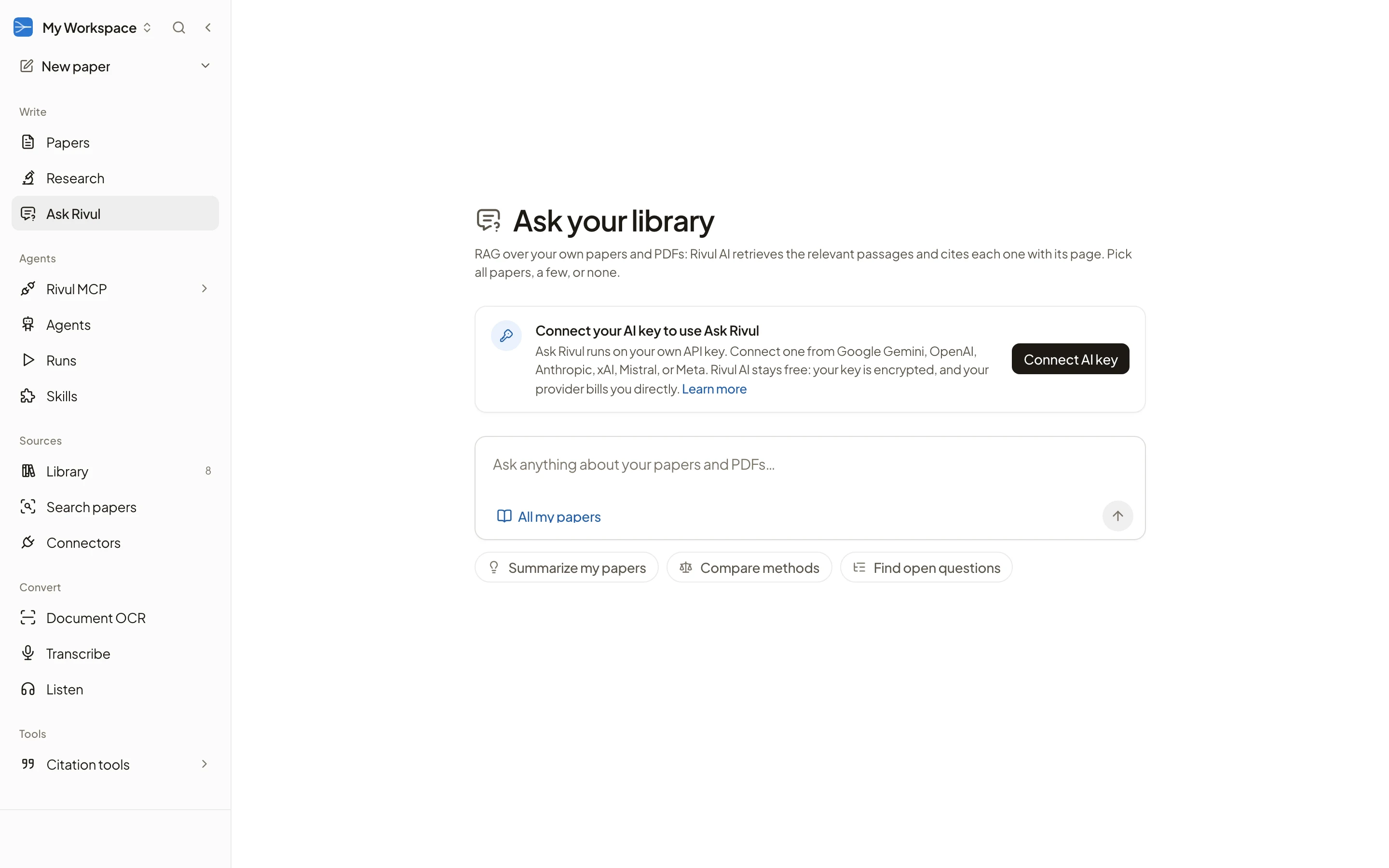 Rivul AI Ask Rivul page, Ask your library, with a prompt to connect your AI key, a composer for questions about your papers and PDFs, a sources button set to All my papers, and starter questions.