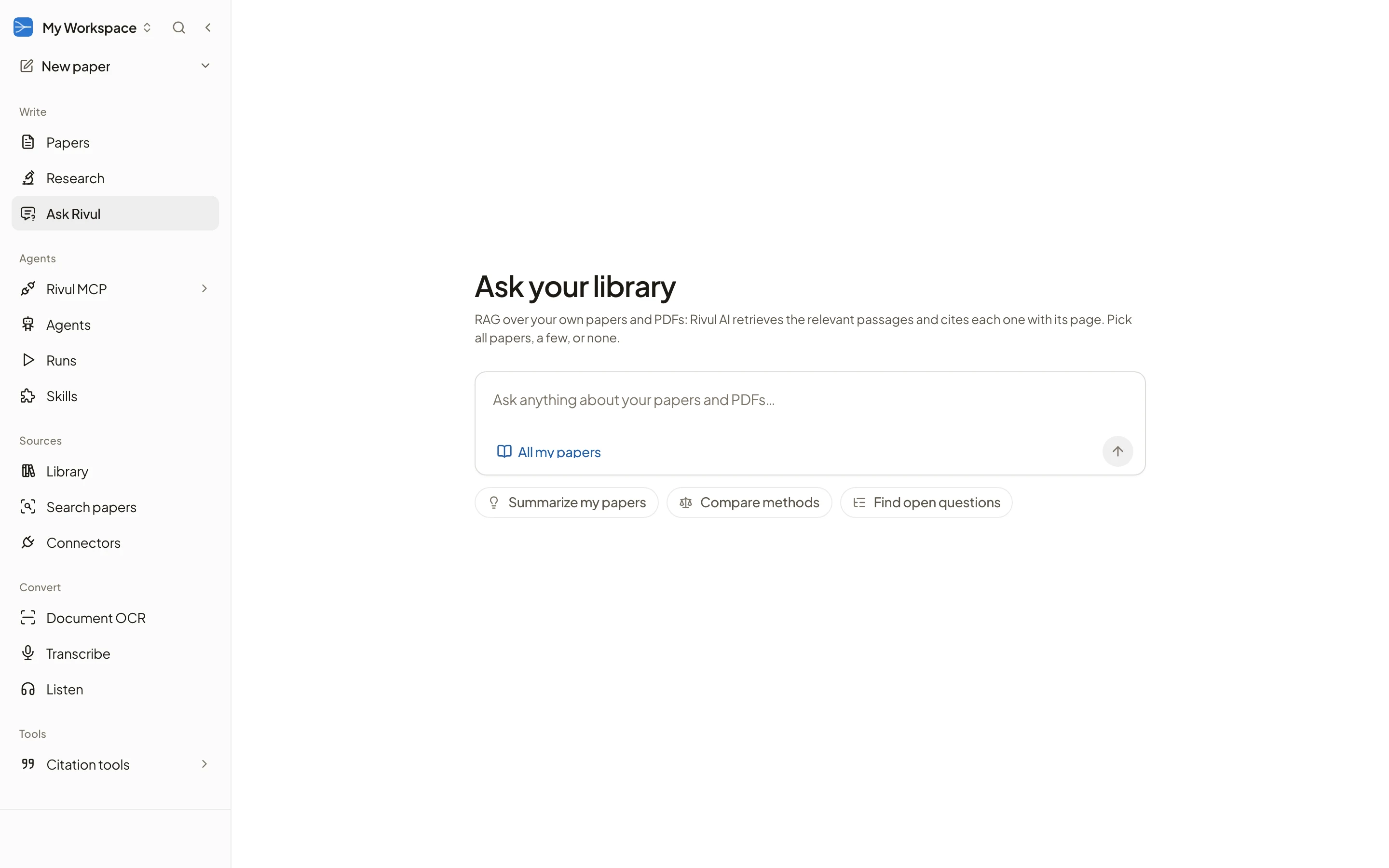 Rivul AI Ask Rivul page, Ask your library, with a composer for questions about your papers and PDFs, a sources button set to All my papers, and starter questions.