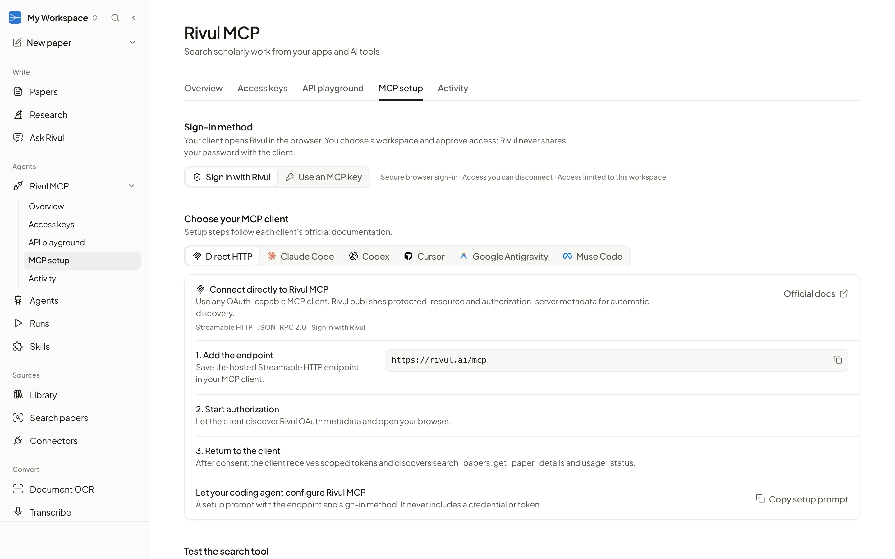 Rivul MCP setup page in the Rivul AI sidebar, with client tabs for Direct HTTP, Claude Code, Codex, Cursor, Google Antigravity, and Muse Code, and the steps to connect to the hosted endpoint.