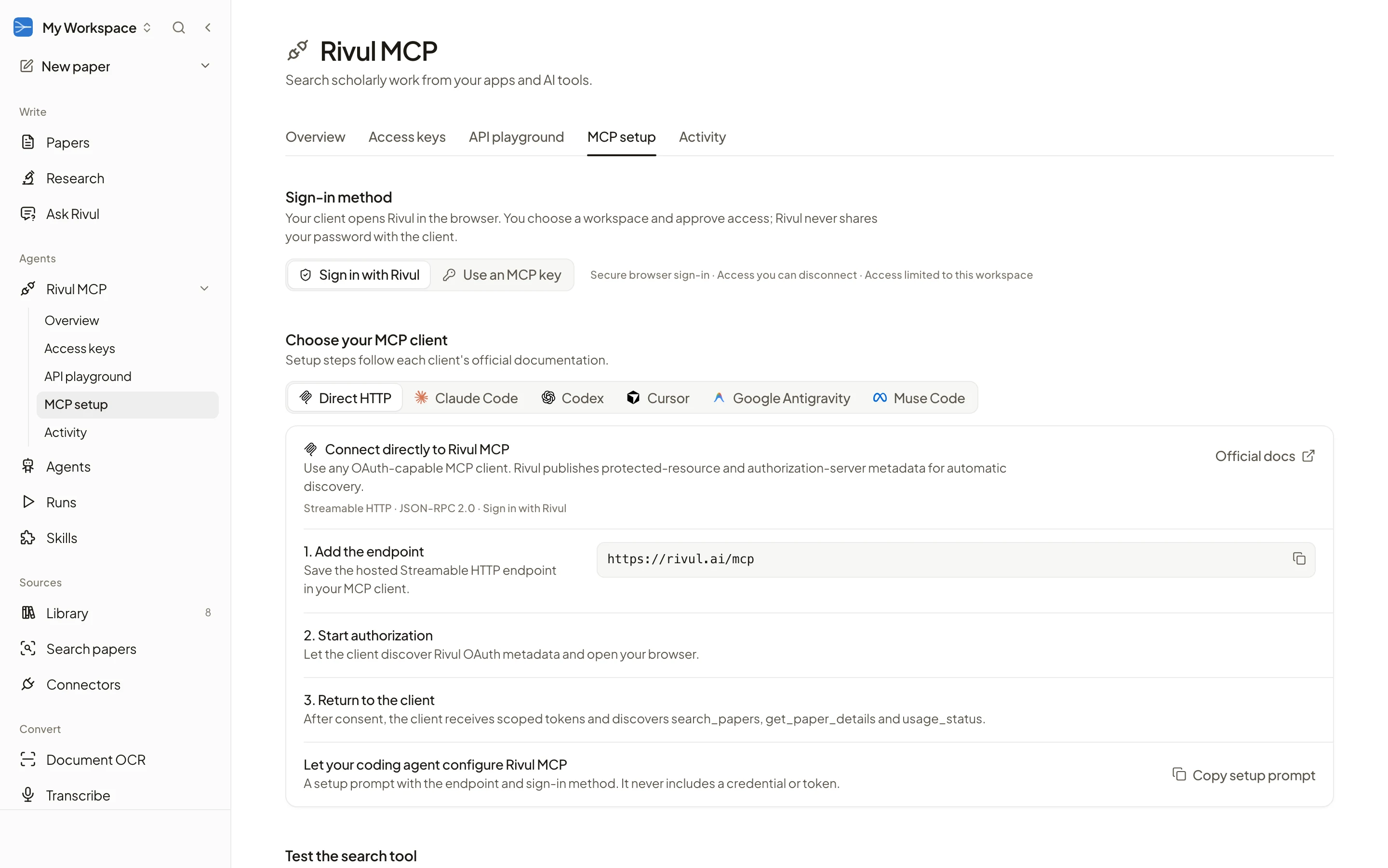 Rivul MCP setup page in the Rivul AI sidebar, with client tabs for Direct HTTP, Claude Code, Codex, Cursor, Google Antigravity, and Muse Code, and the steps to connect to the hosted endpoint.