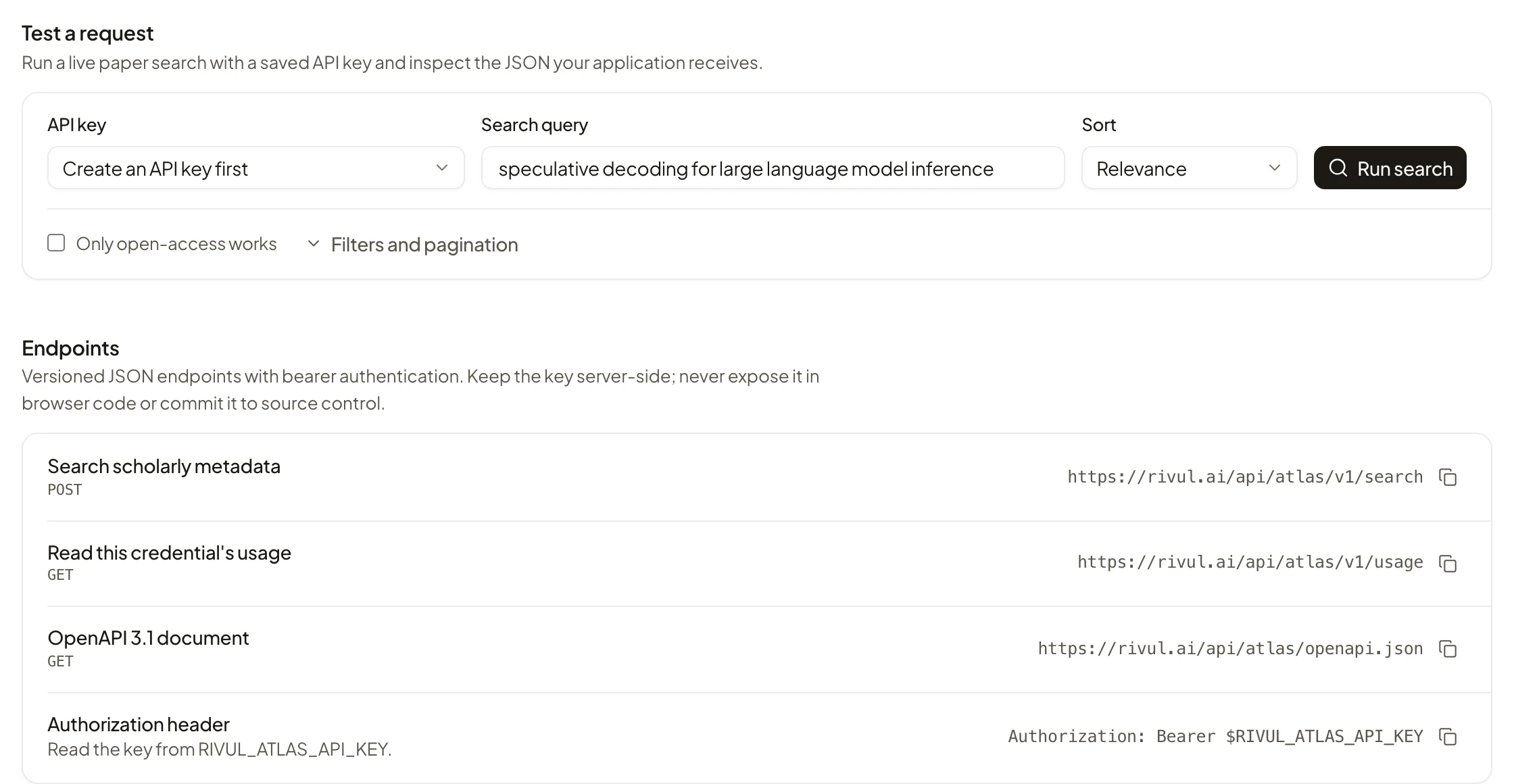 Rivul MCP API playground: a request form with API key, search query for speculative decoding, sort and filters, above the versioned search, usage and OpenAPI endpoints.