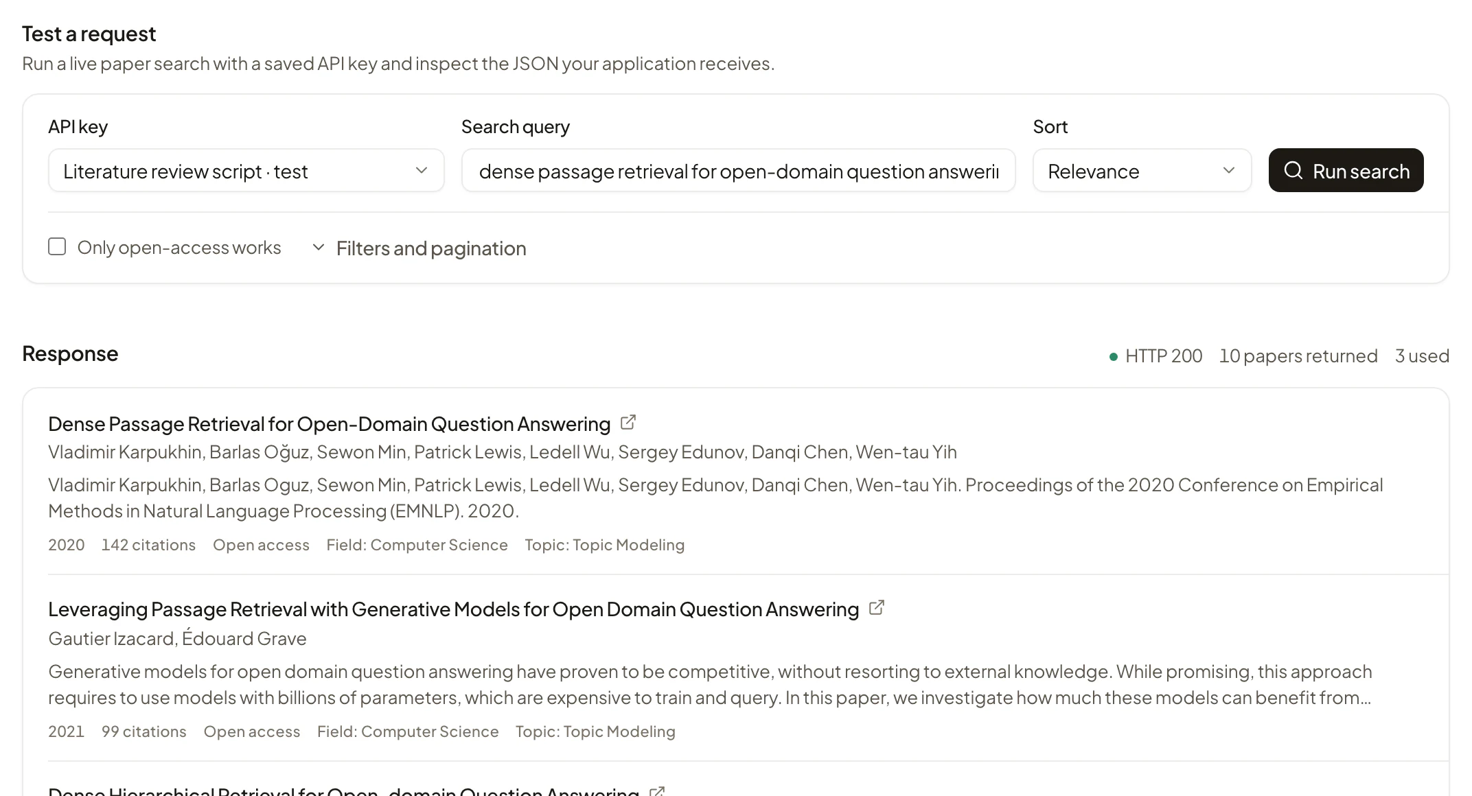 Rivul Atlas API playground with a saved test key, a live search for dense passage retrieval, and an HTTP 200 response listing papers with authors, year, and citation counts.
