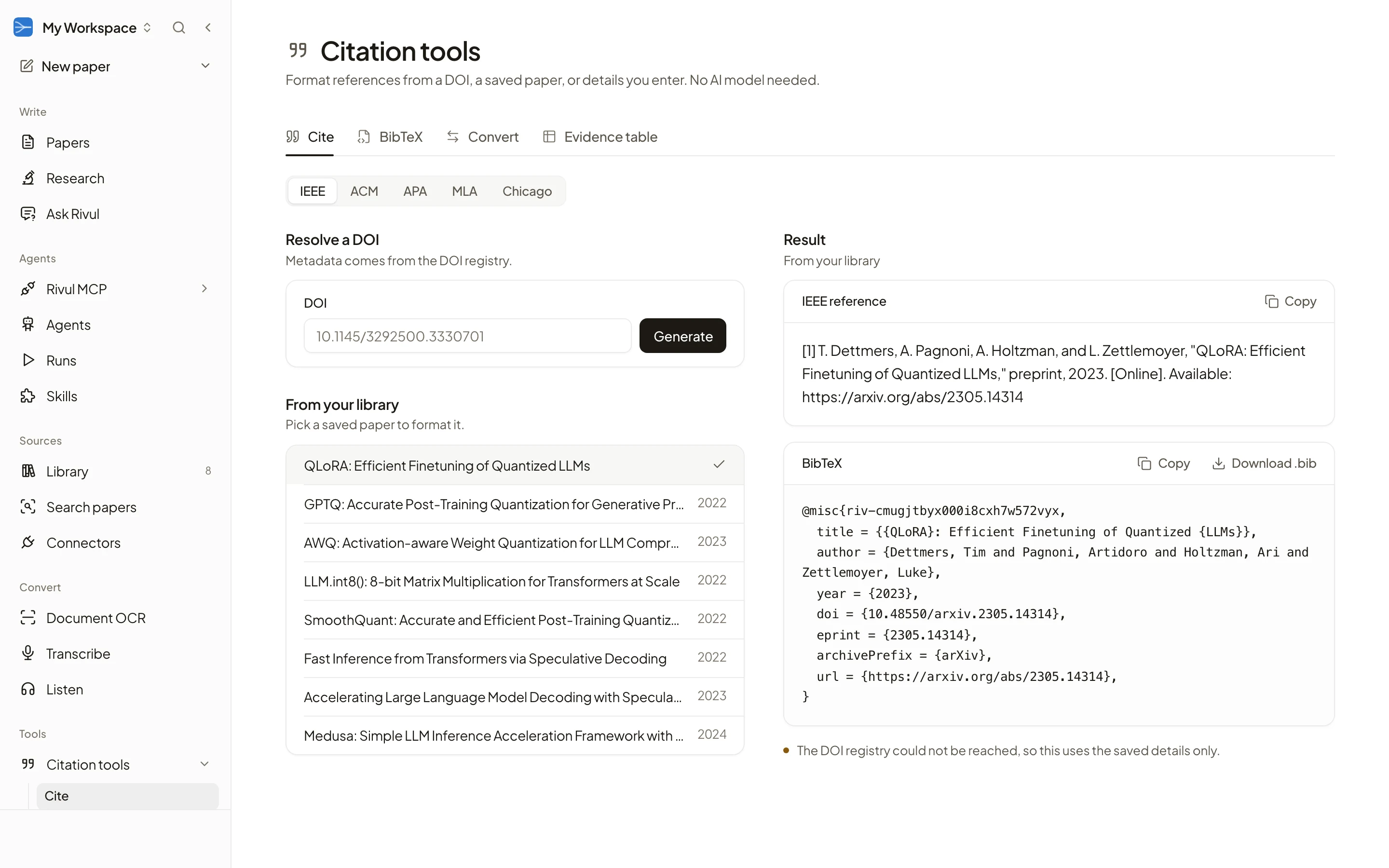 Rivul AI Citation tools formatting an IEEE reference for QLoRA from the library, with Cite, BibTeX, Convert, and Evidence table tools and five citation styles.