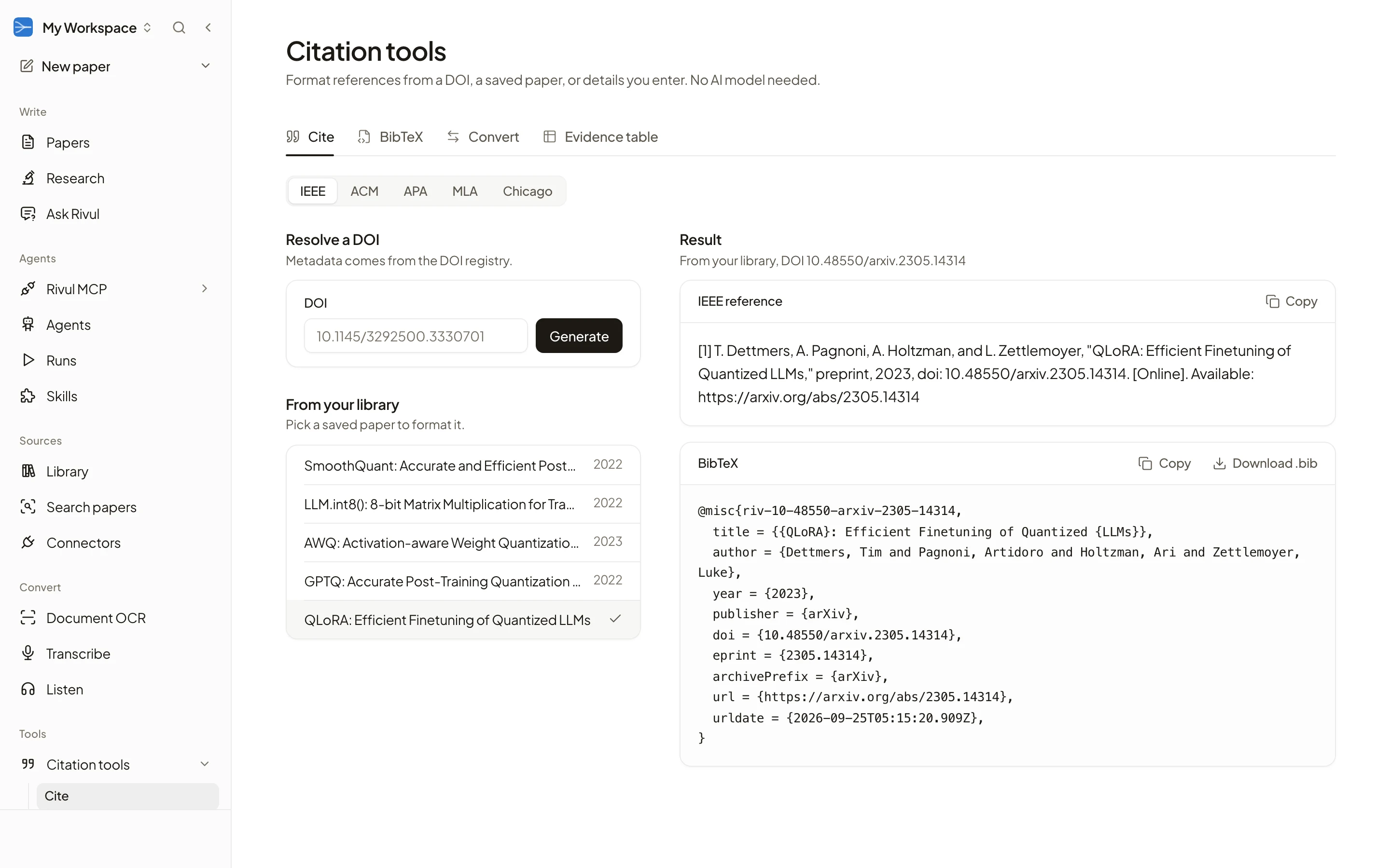 Rivul AI Citation tools formatting an IEEE reference for QLoRA from the library, with Cite, BibTeX, Convert, and Evidence table tools and five citation styles.