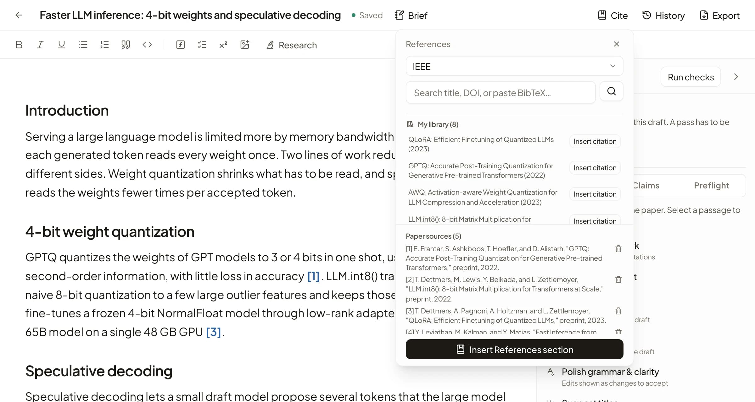 Rivul AI citation panel open over a draft, listing library papers such as QLoRA, GPTQ and AWQ with Insert citation buttons, an IEEE style selector, and the paper's five numbered sources.