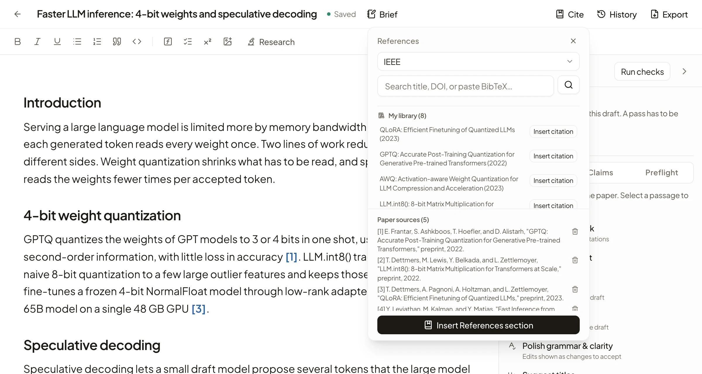 Rivul AI citation panel open over a draft, listing library papers such as QLoRA, GPTQ and AWQ with Insert citation buttons, an IEEE style selector, and the paper's five numbered sources.