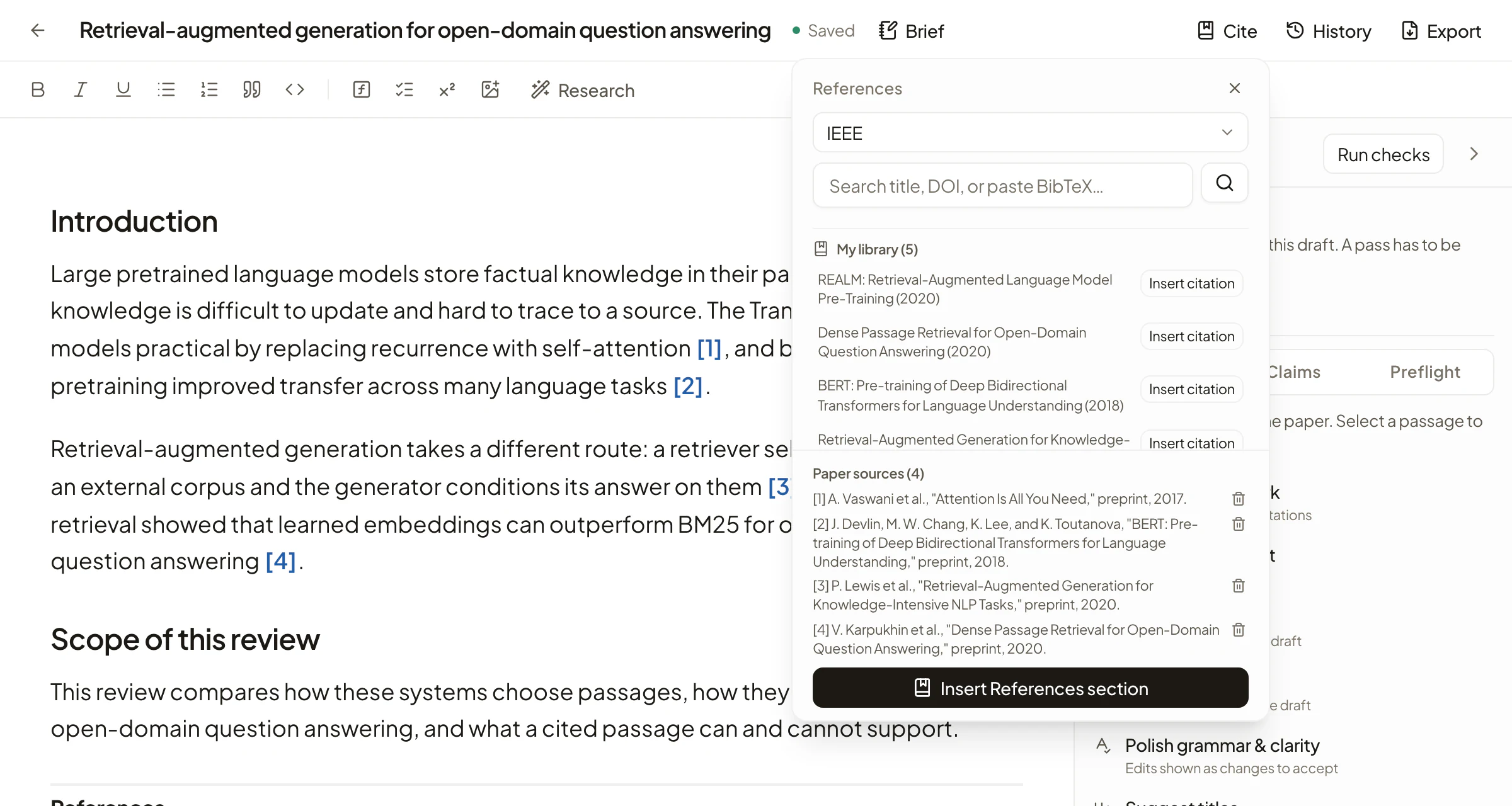 Rivul AI citation panel open over a draft, listing papers from the library with Insert citation buttons, an IEEE style selector, and the paper's four numbered sources.
