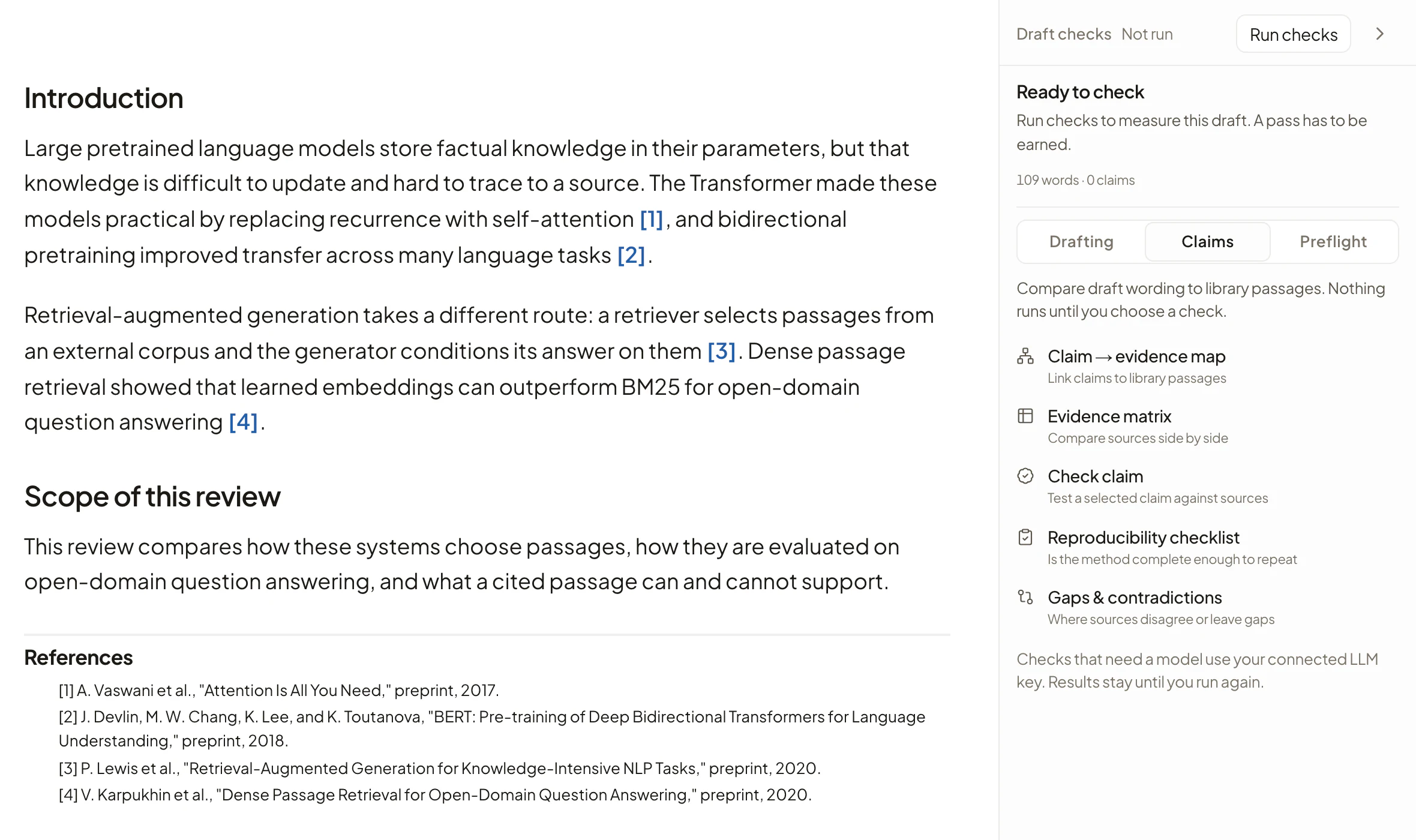 Rivul AI editor beside its Claims panel, which lists claim to evidence map, evidence matrix, check claim, reproducibility checklist, and gaps and contradictions.