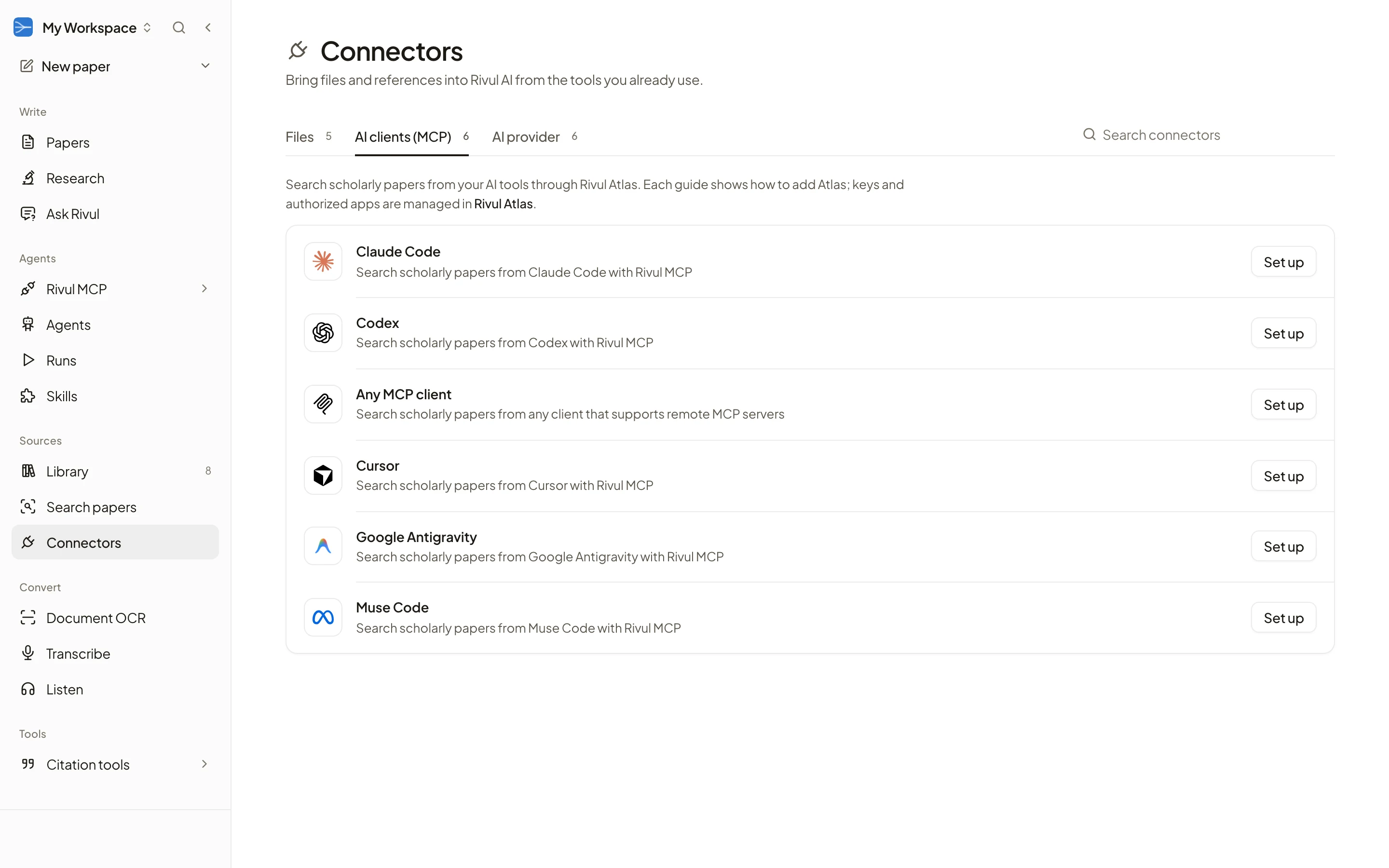 Rivul AI Connectors page on the AI clients (MCP) tab, listing the AI clients that can use Rivul MCP, each with a setup guide.