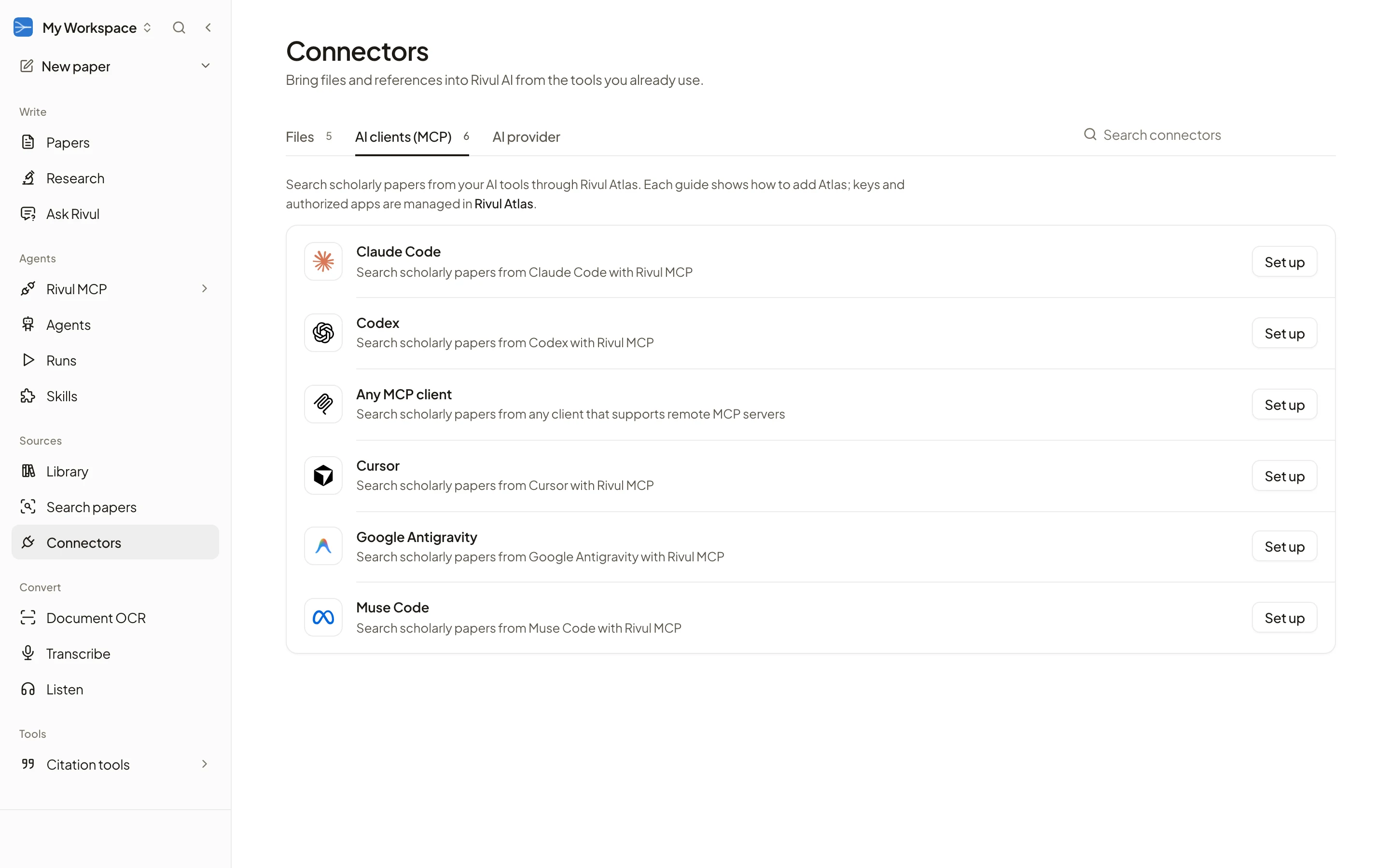 Rivul AI Connectors page on the AI clients (MCP) tab, listing the AI clients that can use Rivul MCP, each with a setup guide.