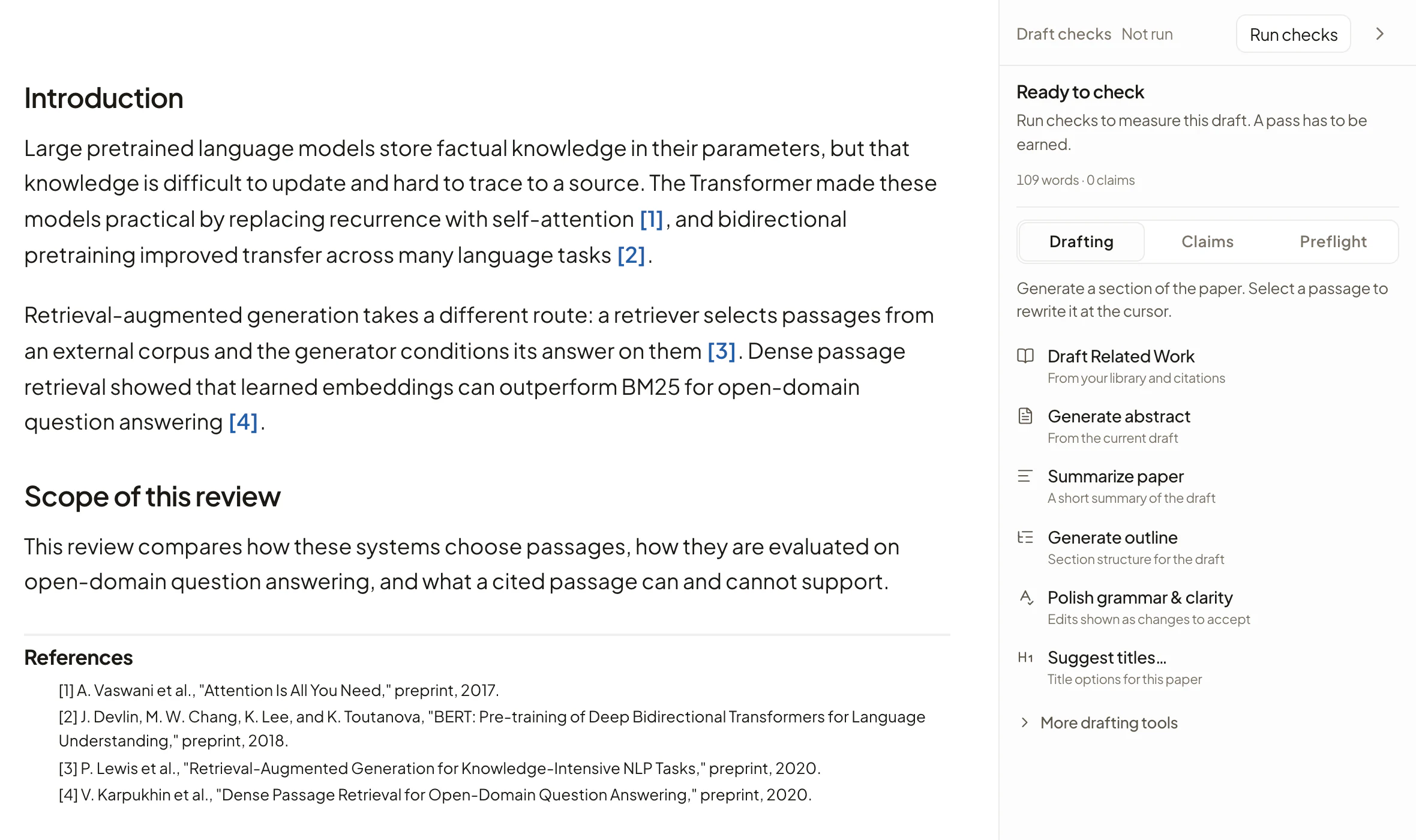 Rivul AI editor beside its Drafting panel, which lists Draft Related Work, Generate abstract, Summarize paper, Generate outline, and Polish grammar and clarity.