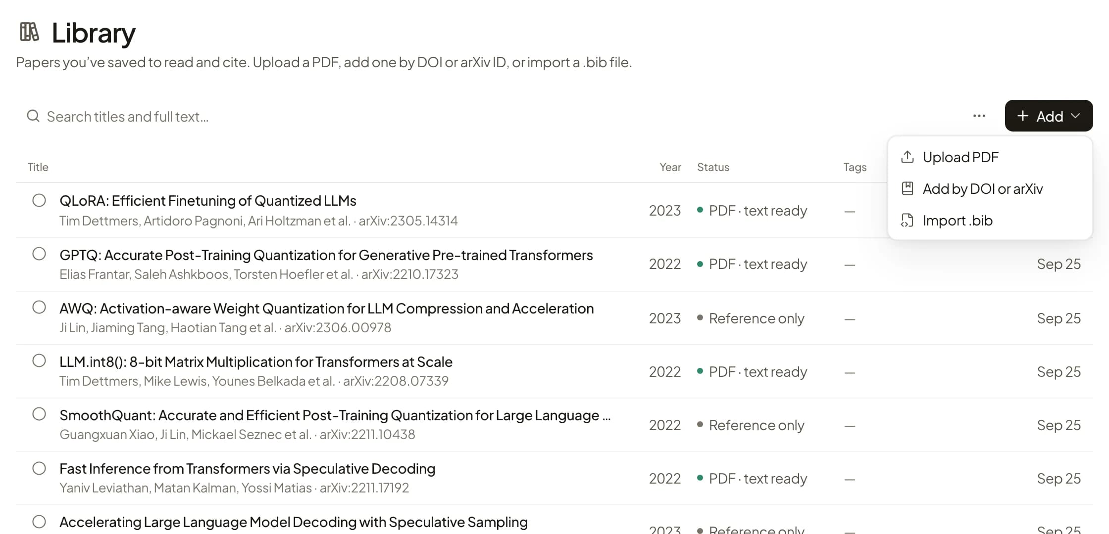 Rivul AI Library with LLM quantization and speculative decoding papers such as QLoRA, GPTQ, AWQ, LLM.int8() and SmoothQuant, their PDF or reference status, and the Add menu open on Upload PDF, Add by DOI or arXiv, and Import .bib.