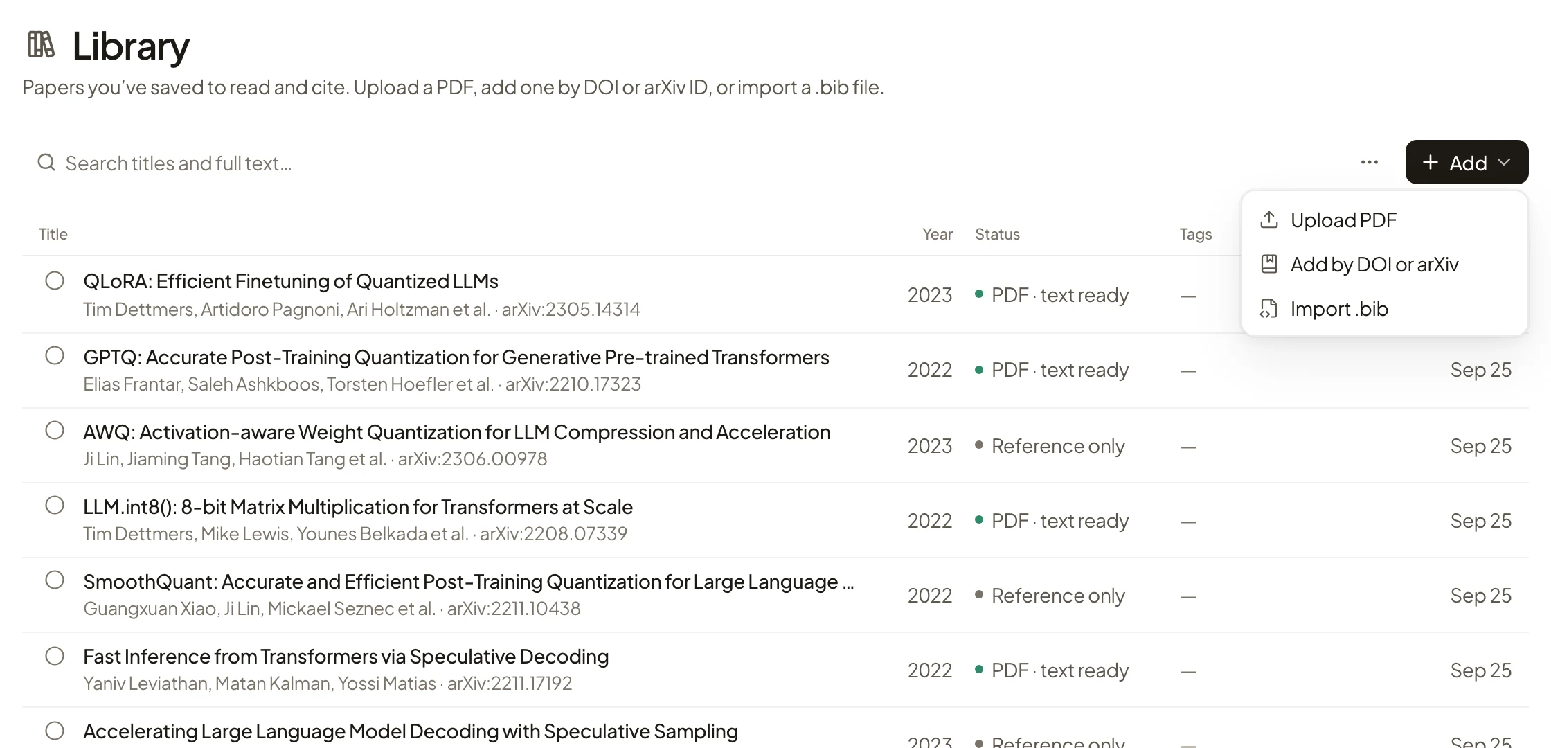 Rivul AI Library with LLM quantization and speculative decoding papers such as QLoRA, GPTQ, AWQ, LLM.int8() and SmoothQuant, their PDF or reference status, and the Add menu open on Upload PDF, Add by DOI or arXiv, and Import .bib.
