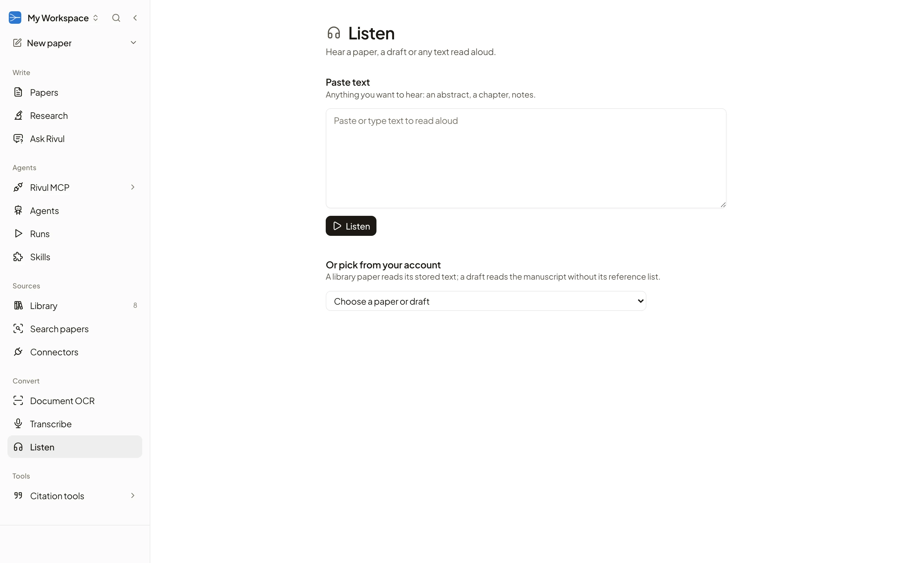 Rivul AI Listen page with a Paste text box and a picker to hear a library paper or a draft read aloud.