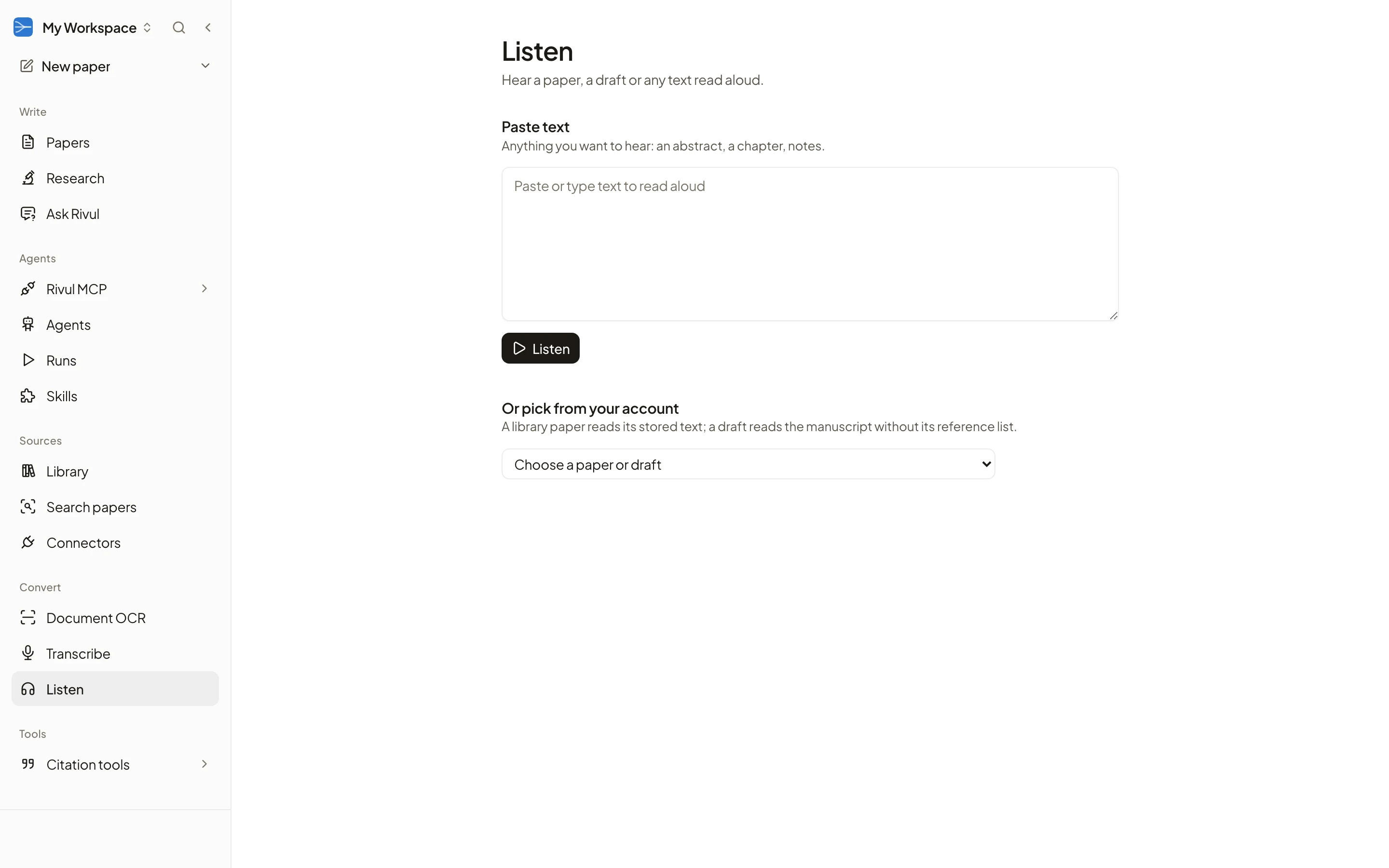 Rivul AI Listen page with a Paste text box and a picker to hear a library paper or a draft read aloud.