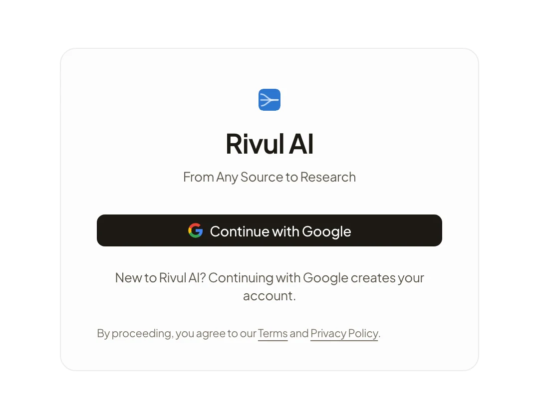 Rivul AI sign-in screen, From Any Source to Research, with Continue with Google and no account information.