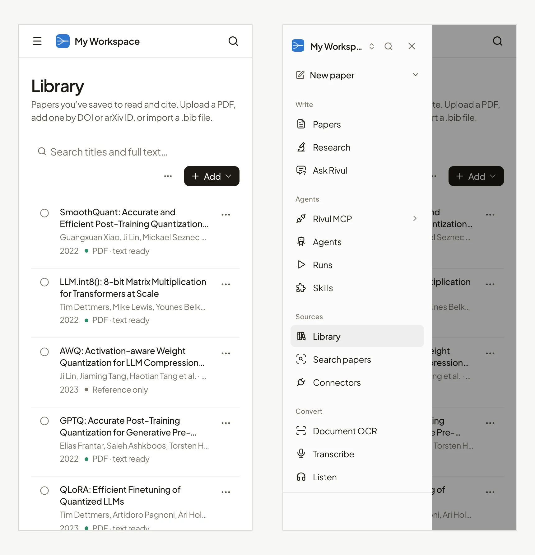 Two Rivul AI phone captures at 375px: the Library with five quantization papers, and the same page with the sidebar menu open on Write, Agents, Sources, and Convert.