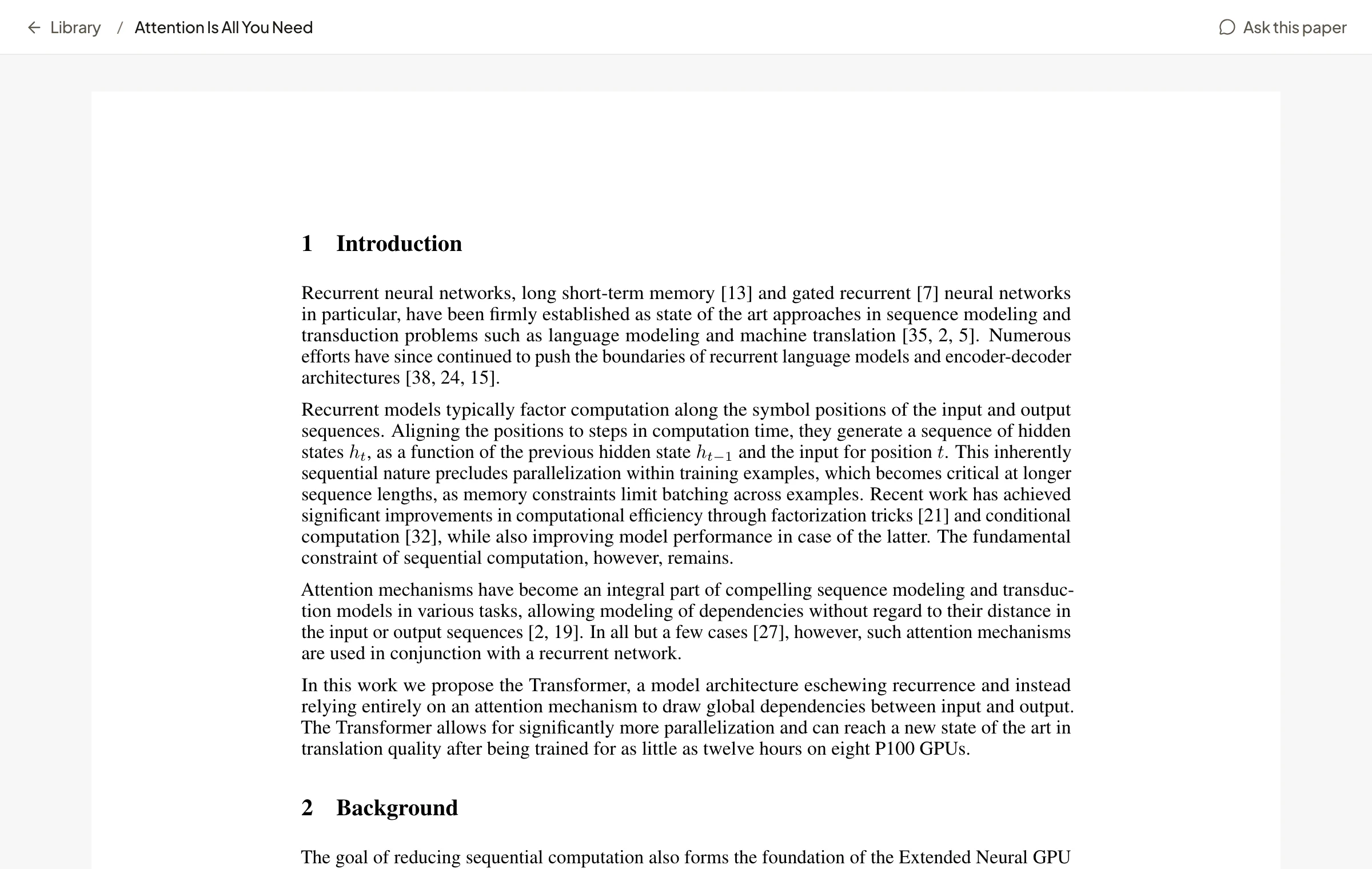 Rivul AI PDF reader zoomed in on the Introduction of Attention Is All You Need, with the Library breadcrumb and an Ask this paper action.