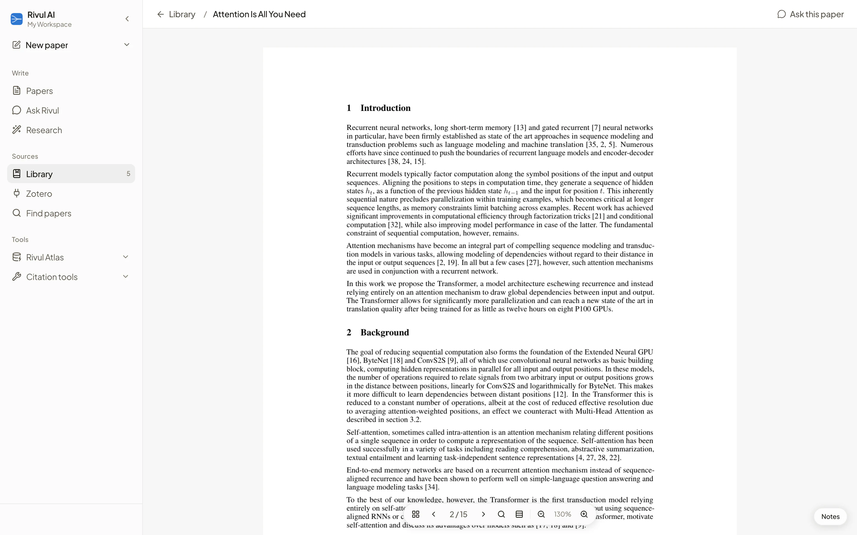 Rivul AI PDF reader open at page 2 of Attention Is All You Need, showing the Introduction and Background sections with page navigation and an Ask this paper action.