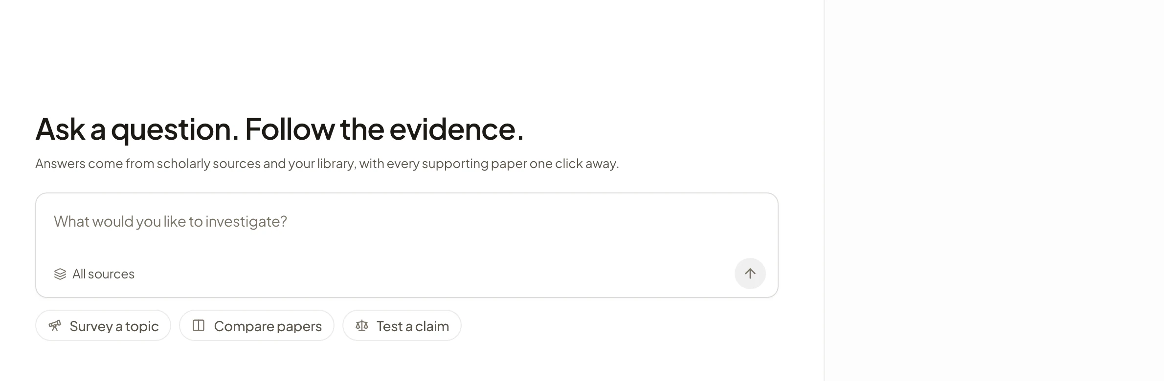 Rivul AI Research workspace with a question box, an All sources scope selector, starter actions, and an empty evidence sources panel.