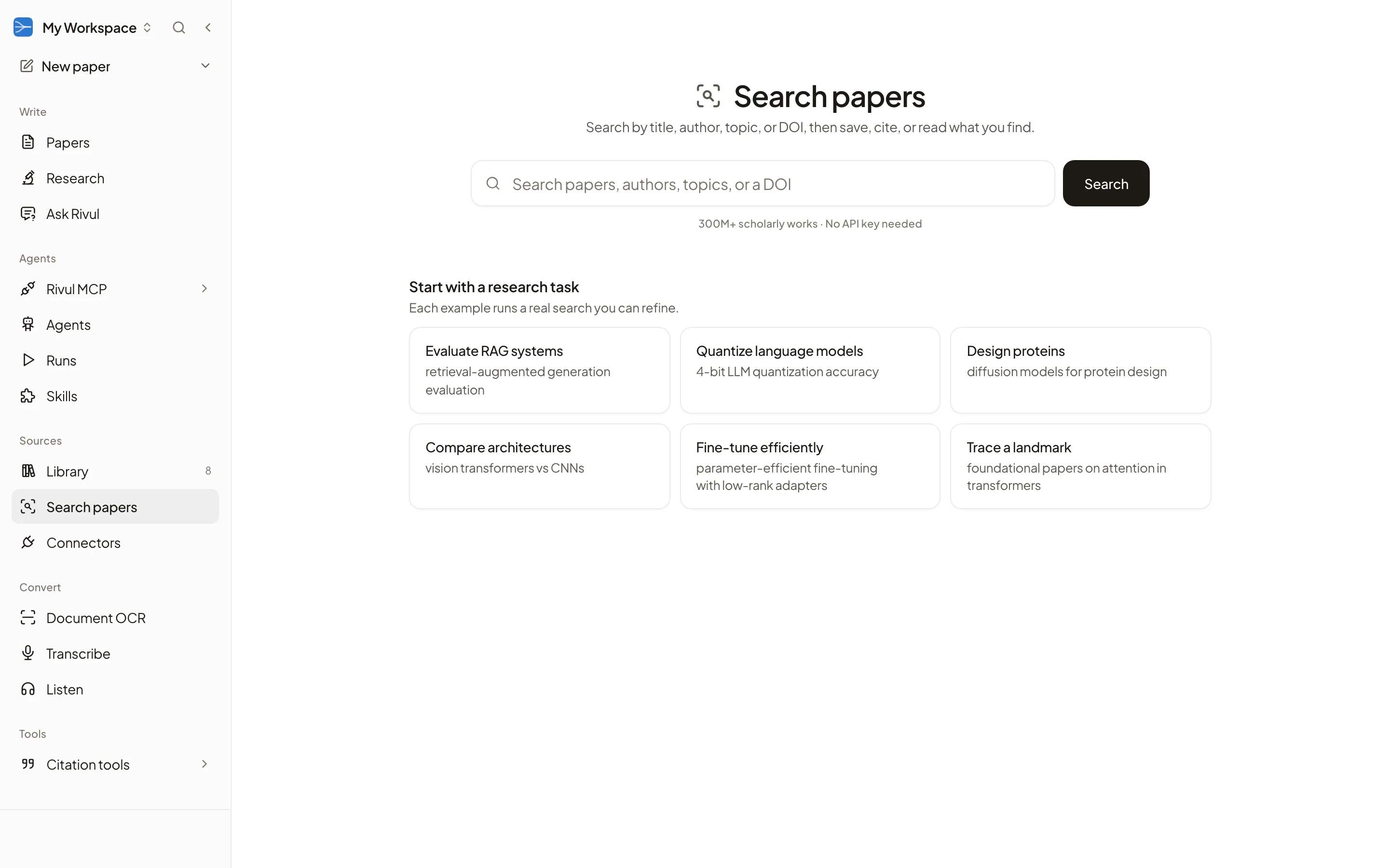 Rivul AI Search papers page before a search, with the search box over metadata for 300M+ scholarly works and example research tasks such as 4-bit LLM quantization accuracy.