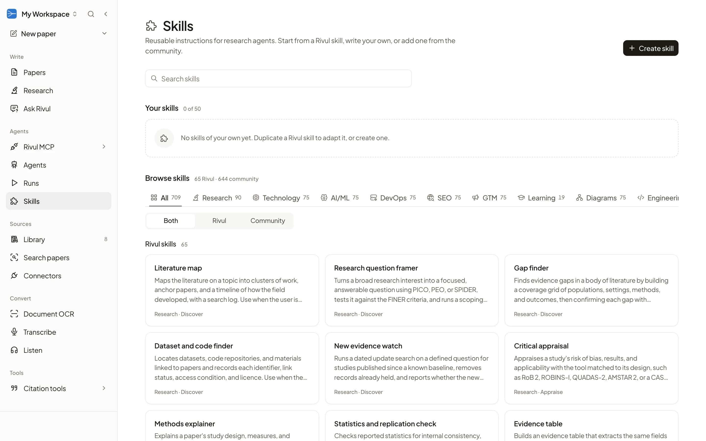 Rivul AI Skills page with category tabs such as Research, Technology, and AI/ML, and Rivul skills such as Literature map and Research question framer.
