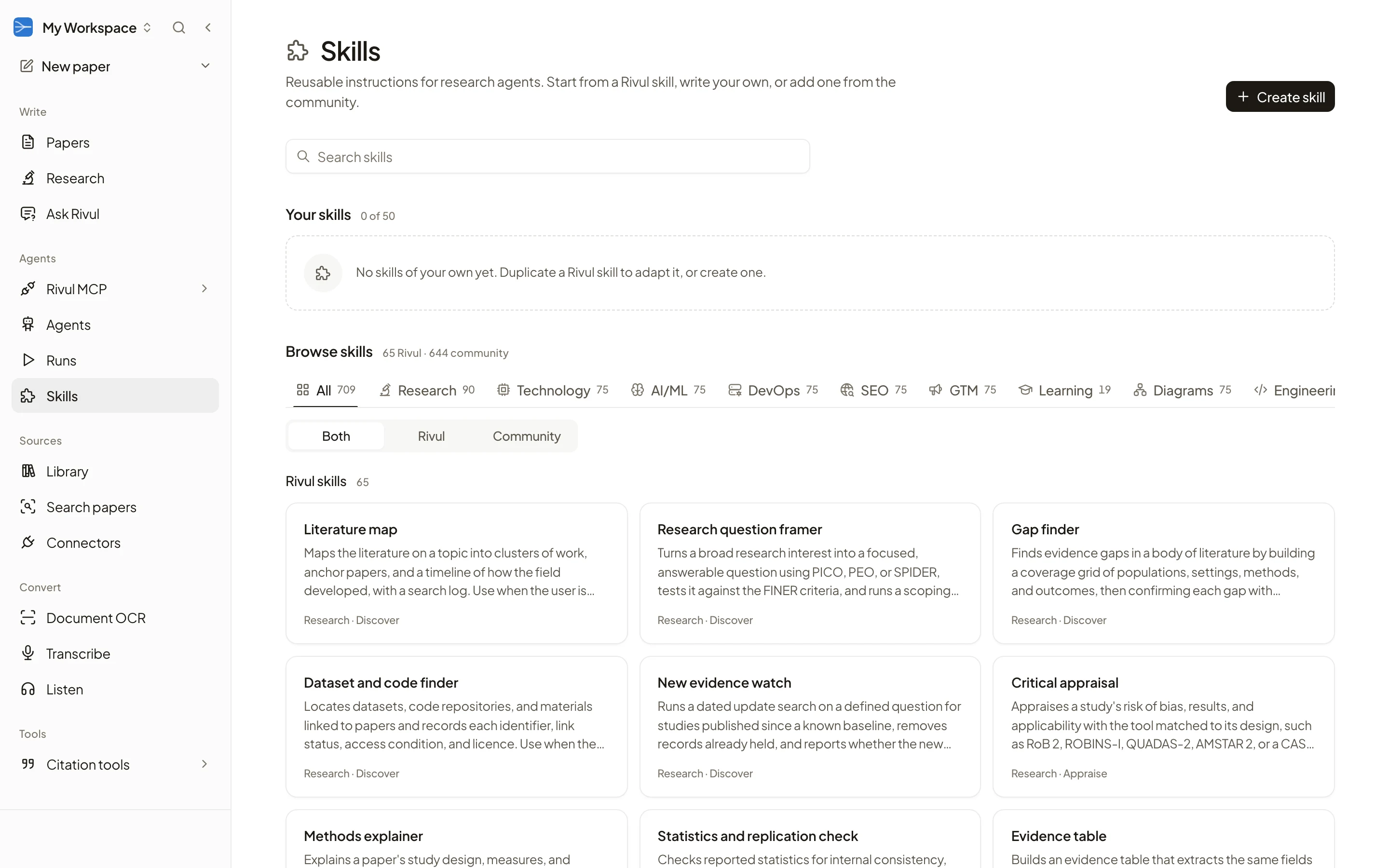 Rivul AI Skills page with category tabs such as Research, Technology, and AI/ML, and Rivul skills such as Literature map and Research question framer.