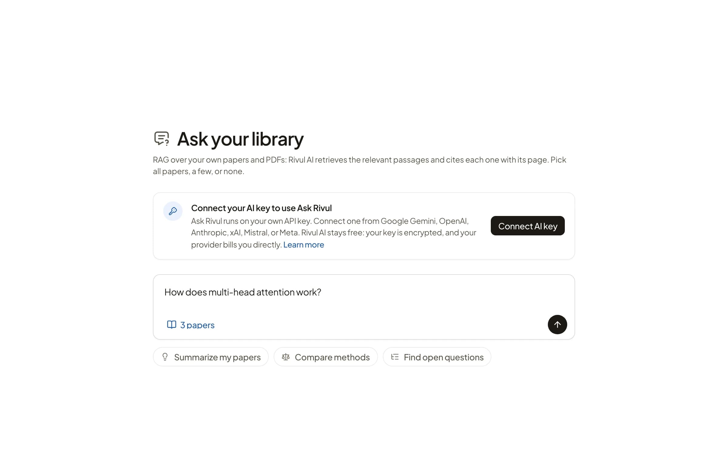 Rivul AI Ask Rivul page, Ask your library, with a prompt to connect your AI key, the question How does multi-head attention work? typed in the composer, and the sources set to 3 papers.