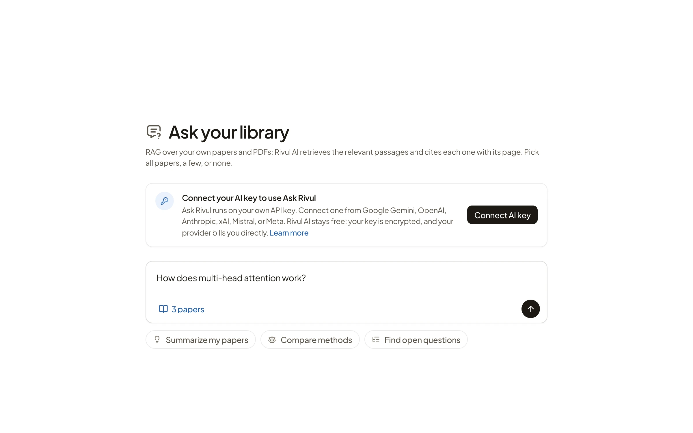Rivul AI Ask Rivul page, Ask your library, with a prompt to connect your AI key, the question How does multi-head attention work? typed in the composer, and the sources set to 3 papers.