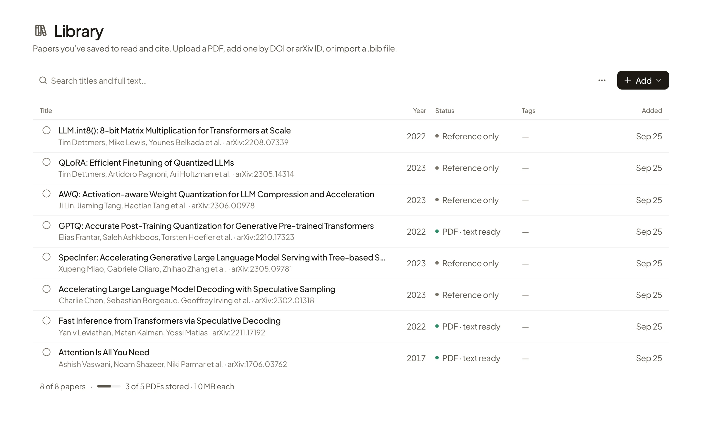 Rivul AI Library with eight saved papers added by arXiv ID, including Attention Is All You Need, GPTQ, AWQ, QLoRA and LLM.int8(), each with year, PDF or reference status, and 3 of 5 PDFs stored.