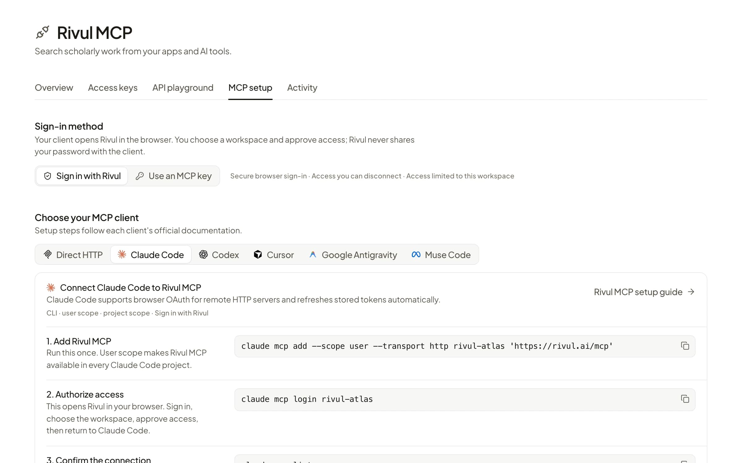 Rivul MCP setup with Claude Code selected: sign in with Rivul, then claude mcp add --scope user --transport http rivul-atlas https://rivul.ai/mcp and claude mcp login rivul-atlas.