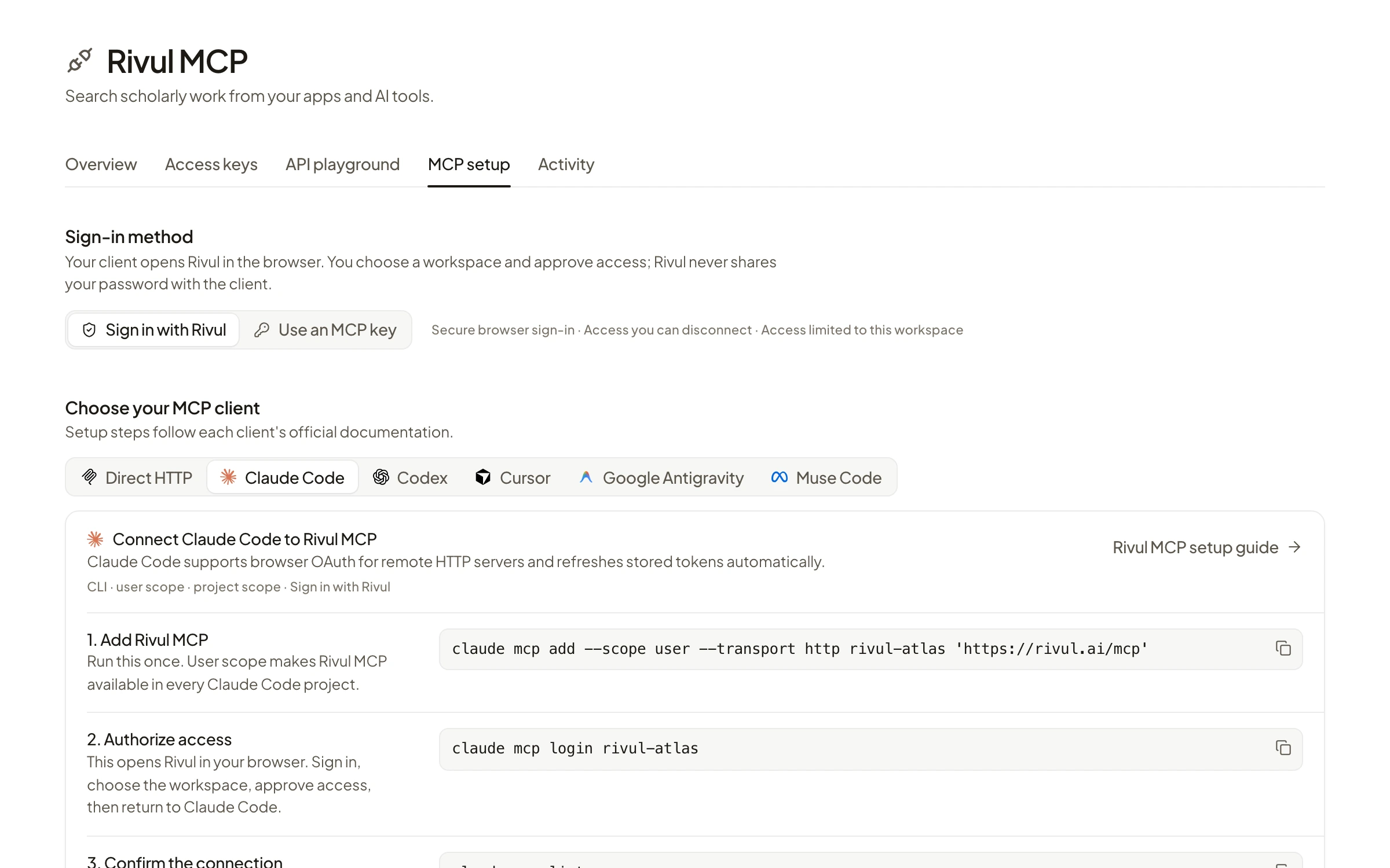 Rivul MCP setup with Claude Code selected: sign in with Rivul, then claude mcp add --scope user --transport http rivul-atlas https://rivul.ai/mcp and claude mcp login rivul-atlas.