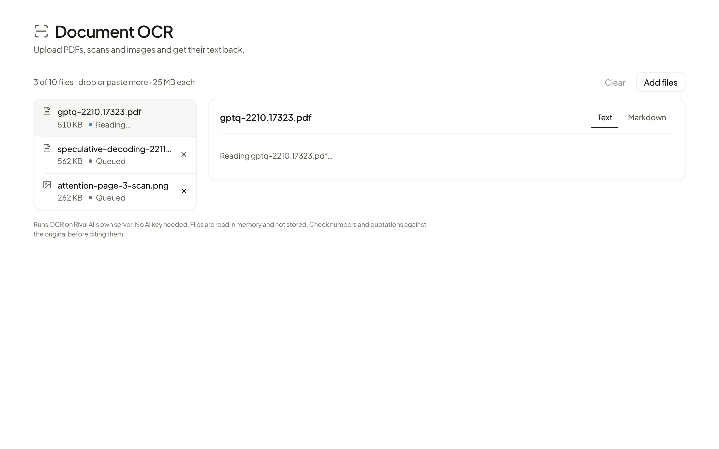 Rivul AI Document OCR with three files queued: gptq-2210.17323.pdf reading, speculative-decoding-2211.17192.pdf and attention-page-3-scan.png queued, and Text and Markdown output tabs.