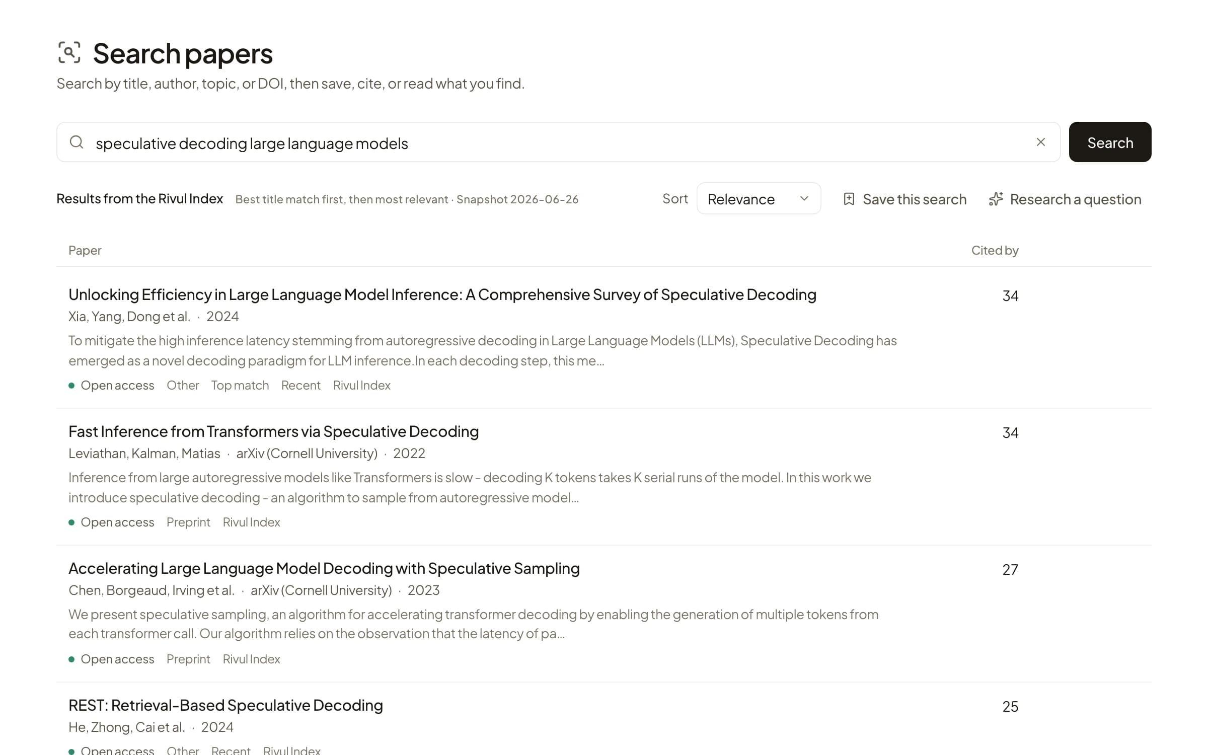 Rivul AI Search papers results for speculative decoding large language models, led by a survey of speculative decoding and Fast Inference from Transformers via Speculative Decoding, with citation counts and open-access labels.