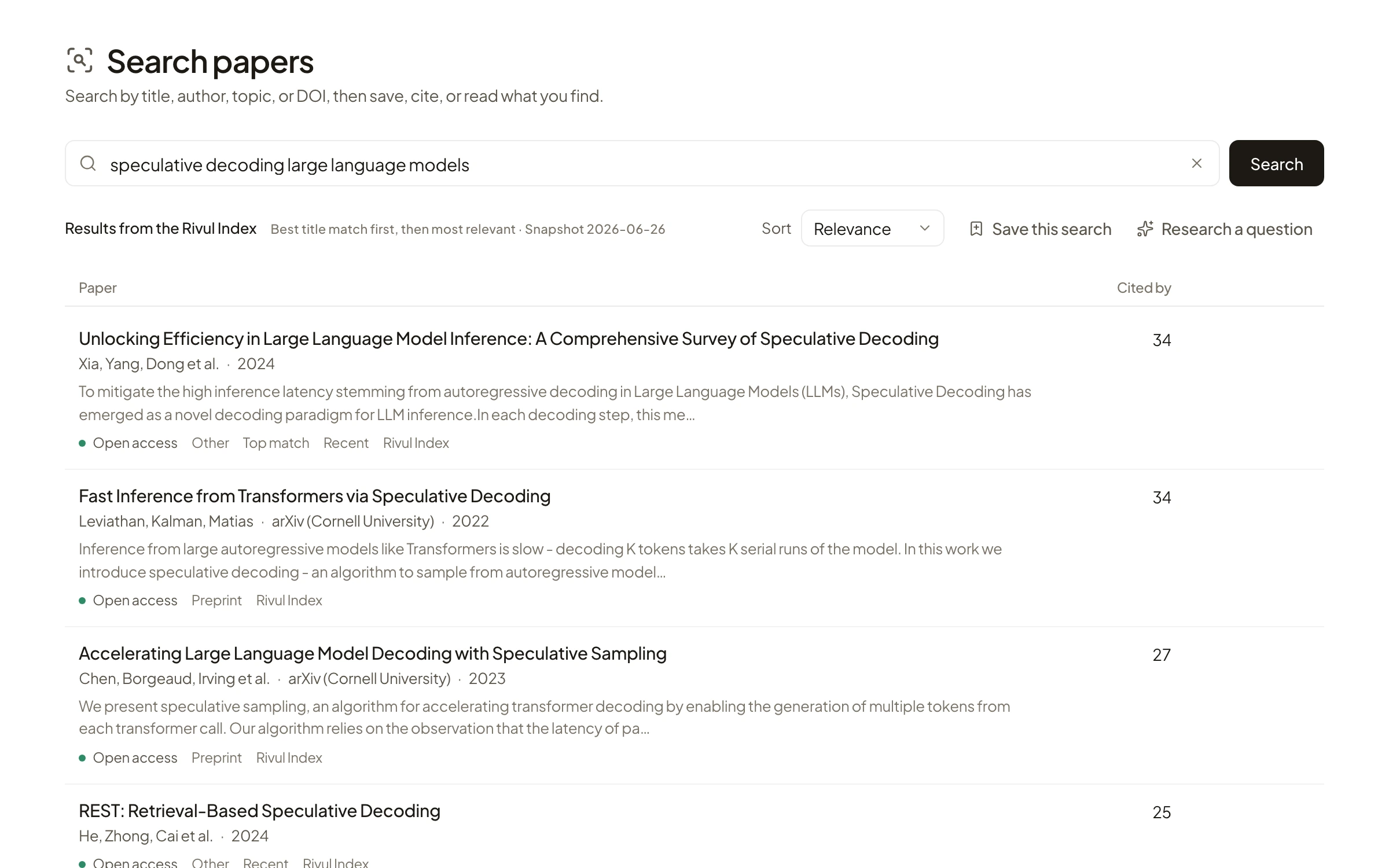 Rivul AI Search papers results for speculative decoding large language models, led by a survey of speculative decoding and Fast Inference from Transformers via Speculative Decoding, with citation counts and open-access labels.