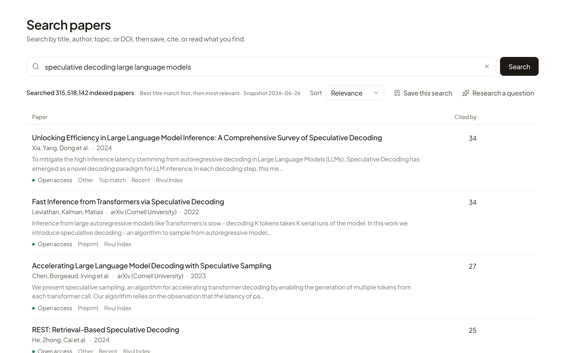 Rivul AI Search papers results for speculative decoding large language models: 315,518,142 indexed papers searched, led by a survey of speculative decoding and Fast Inference from Transformers via Speculative Decoding, with citation counts and open-access labels.
