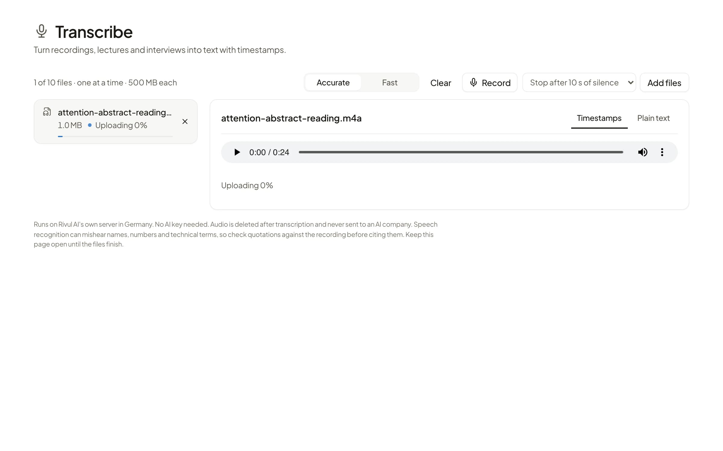 Rivul AI Transcribe with attention-abstract-reading.m4a, a 24-second recording, uploading, with Accurate and Fast models, Record, and Timestamps and Plain text tabs.