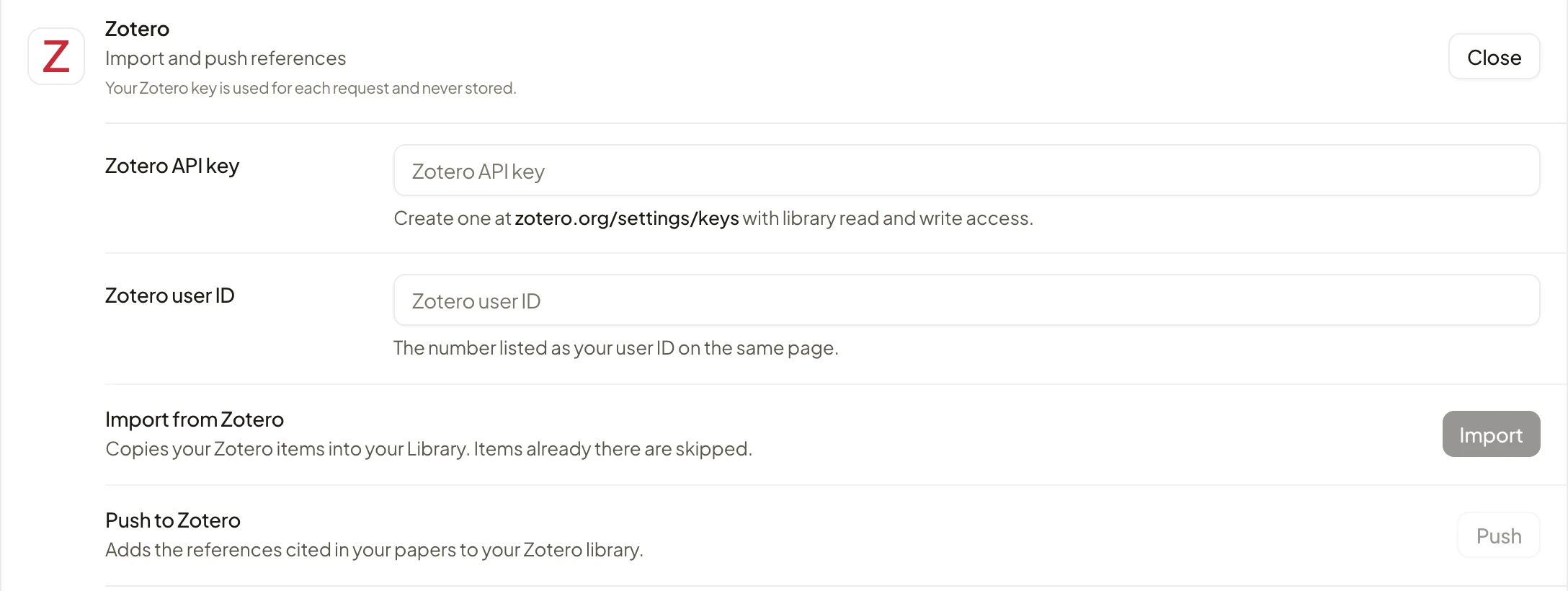 Rivul AI Connectors with the Zotero row open: fields for a Zotero API key and user ID, and Import from Zotero and Push to Zotero actions.